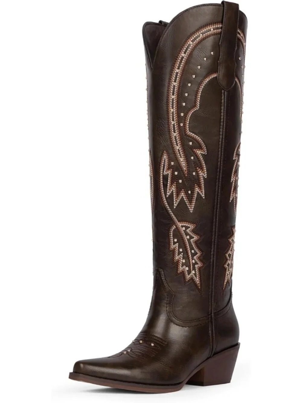 Women's Chocolate Knee High Cowgirl Boots Pointed Toe Slip on Chunky Heel